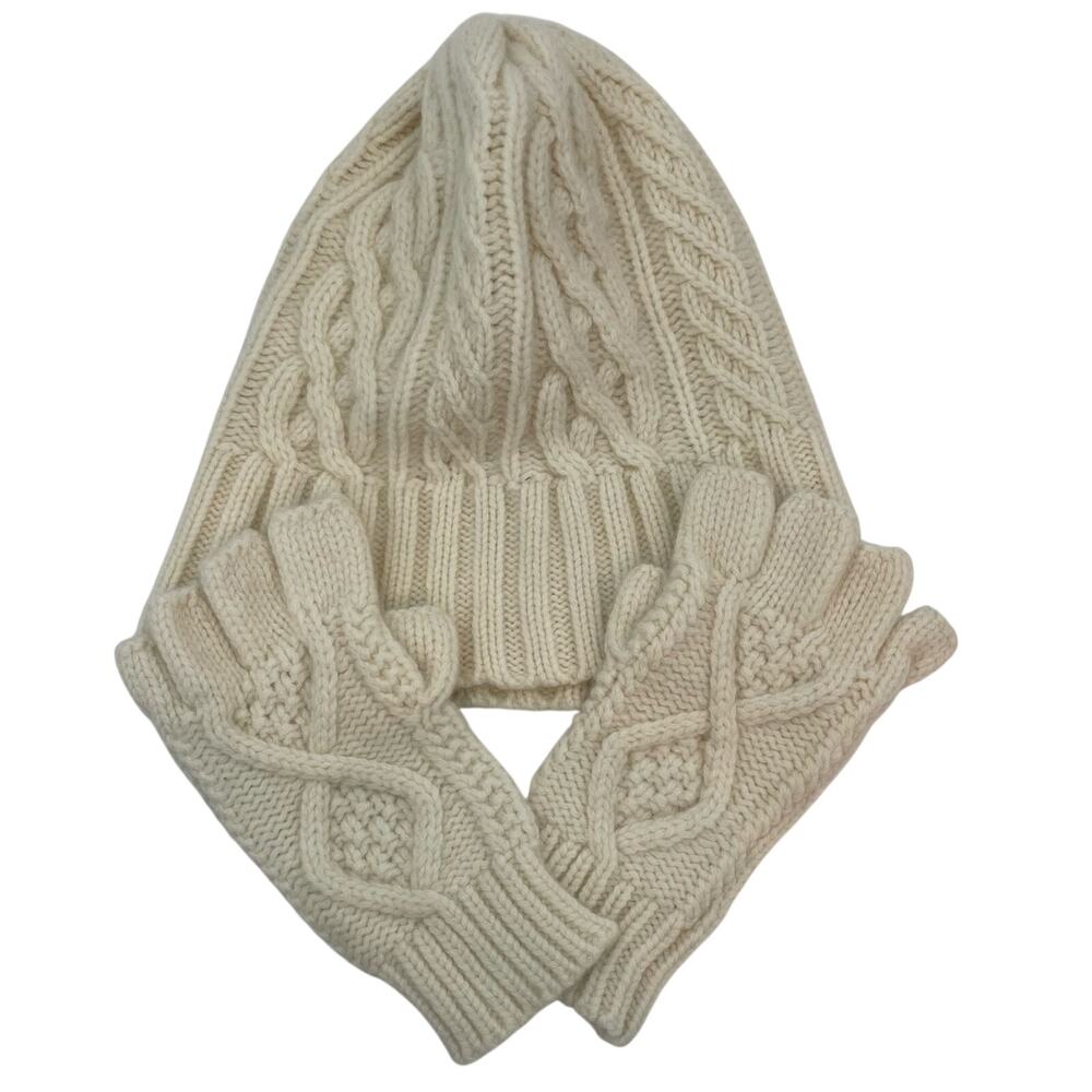 Alex Mill Cable Knit Beanie Hat & Fingerless Gloves Set Wool Cream